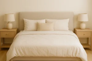 Este quarto minimalista destaca o melhor colchão king size estofado em bege, com roupa de cama clara, dois criados-mudos de madeira clara e abajures, tudo sobre um fundo neutro que transmite aconchego e sofisticação silenciosa.