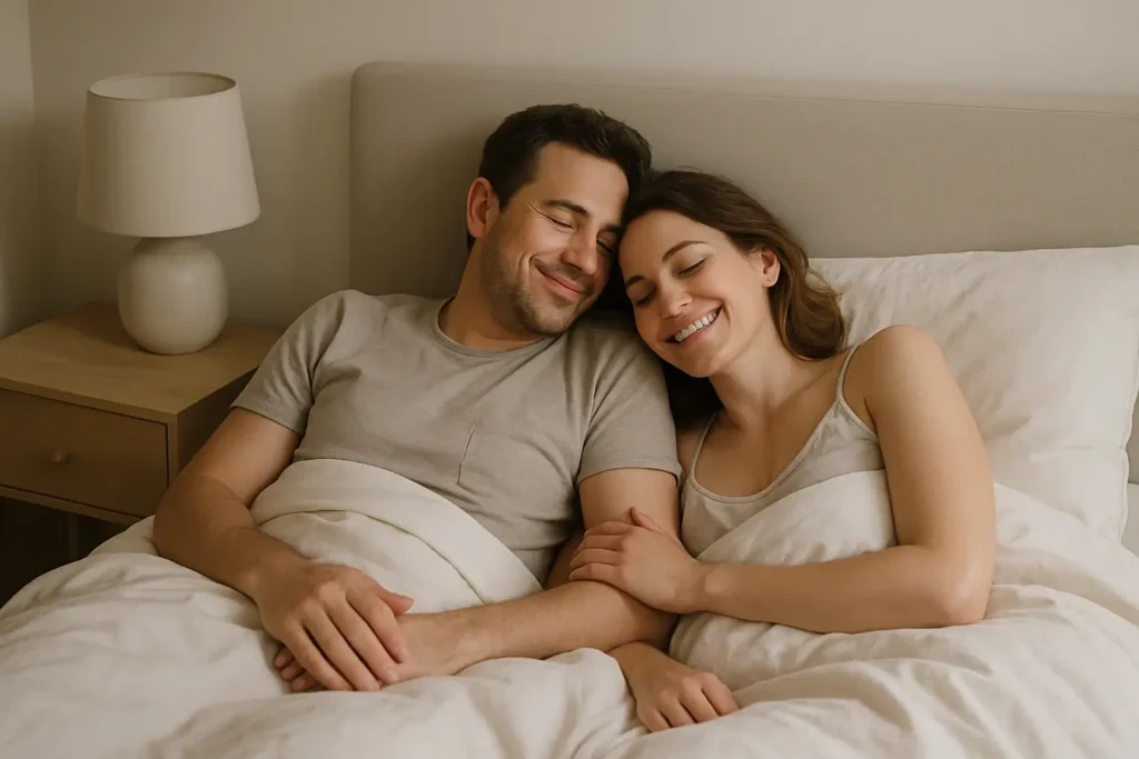 Casal sorridente descansa em uma cama King Size, mostrando o conforto oferecido pelos melhores colchões King Size.