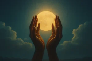 Mãos em oração elevadas em direção à lua cheia no céu noturno, simbolizando paz e espiritualidade.