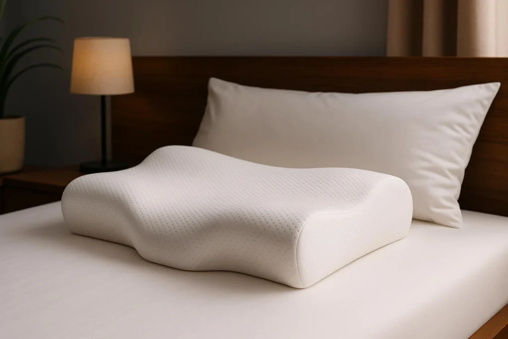 Foto de um quarto minimalista com o melhor travesseiro cervical em espuma de memória sobre a cama, próximo a cabeceira de madeira e decoração neutra.