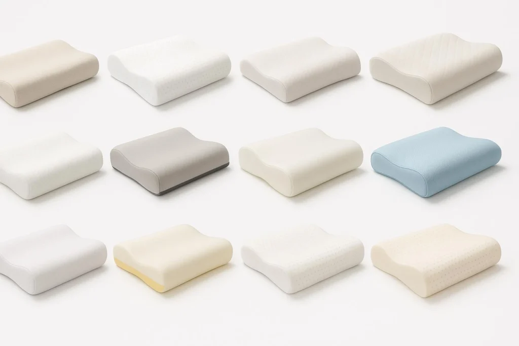 Foto horizontal mostrando 11 modelos diferentes do melhor travesseiro cervical de 2025, com formatos anatômicos e materiais variados dispostos sobre fundo branco.