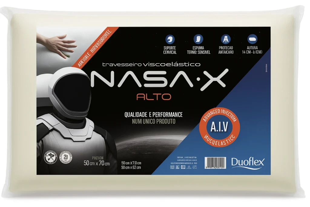 Embalagem do travesseiro Duoflex Nasa X Alto com tecnologia viscoelástica e suporte cervical