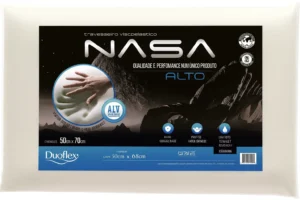 Embalagem do travesseiro Duoflex Nasa Alto com tecnologia viscoelástica e proteção antiácaro