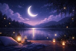 Mensagem de boa noite para acalmar a mente, com lua crescente refletida em um lago tranquilo e atmosfera noturna relaxante