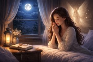 Oração da noite para proteção em cena noturna serena, com pessoa em oração antes de dormir, simbolizando fé, paz interior e proteção espiritual durante a noite.